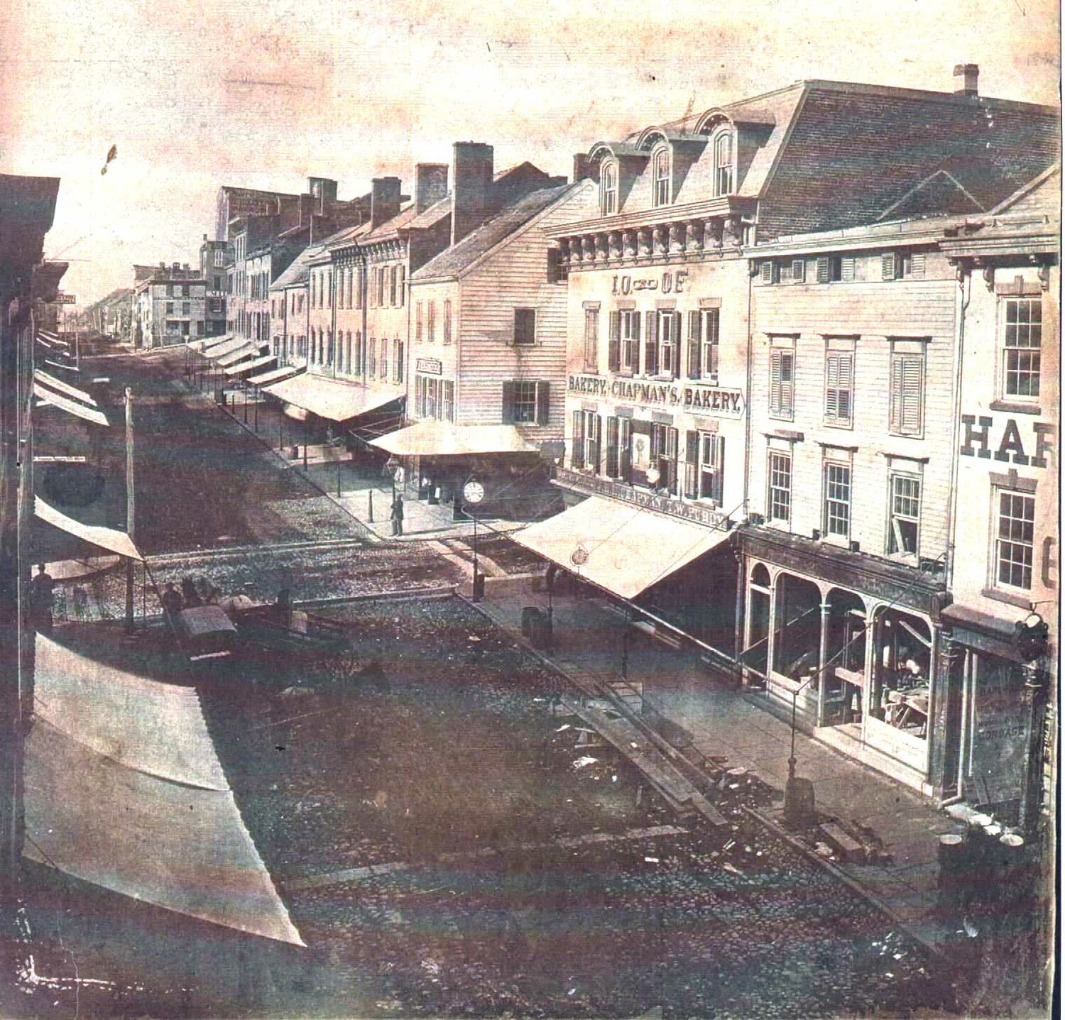 Water Street was the bustling center of commerce in 1865 Newburgh.  Here was the corner of Water and Second Streets.